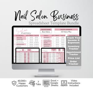 May include: A computer monitor displaying a Nail Salon Business Spreadsheet Template Bundle. The screen shows inventory tables with pink headers, columns for quantity, price, and value, and a sidebar listing income, expense, and order tracking features.