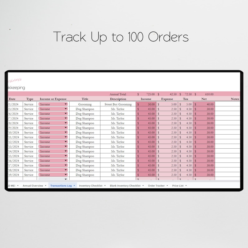 Może przedstawiać: Arkusz kalkulacyjny w kolorze r&oacute;żowym i białym z tytułem "Track Up to 100 Orders". Arkusz kalkulacyjny jest podzielony na kolumny z nagł&oacute;wkami, takimi jak "Data", "Typ", "Przychody lub wydatki", "Tytuł", "Opis", "Przychody", "Wydatki", "Podatek", "Netto" i "Uwagi". Arkusz kalkulacyjny jest wypełniony danymi dotyczącymi przychod&oacute;w i wydatk&oacute;w.