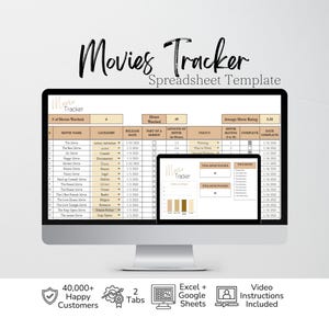 May include: A digital Movies Tracker spreadsheet template displayed on a computer monitor and a smaller screen. The interface features columns for movie name, category, release date, length, status, rating, and completion date, with summary charts.
