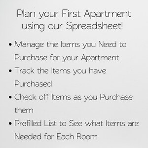 First Apartment Checklist Template Excel Spreadsheet, Our First Apartment Planner Google Sheets, Furniture Inventory, College Apartment List image 3