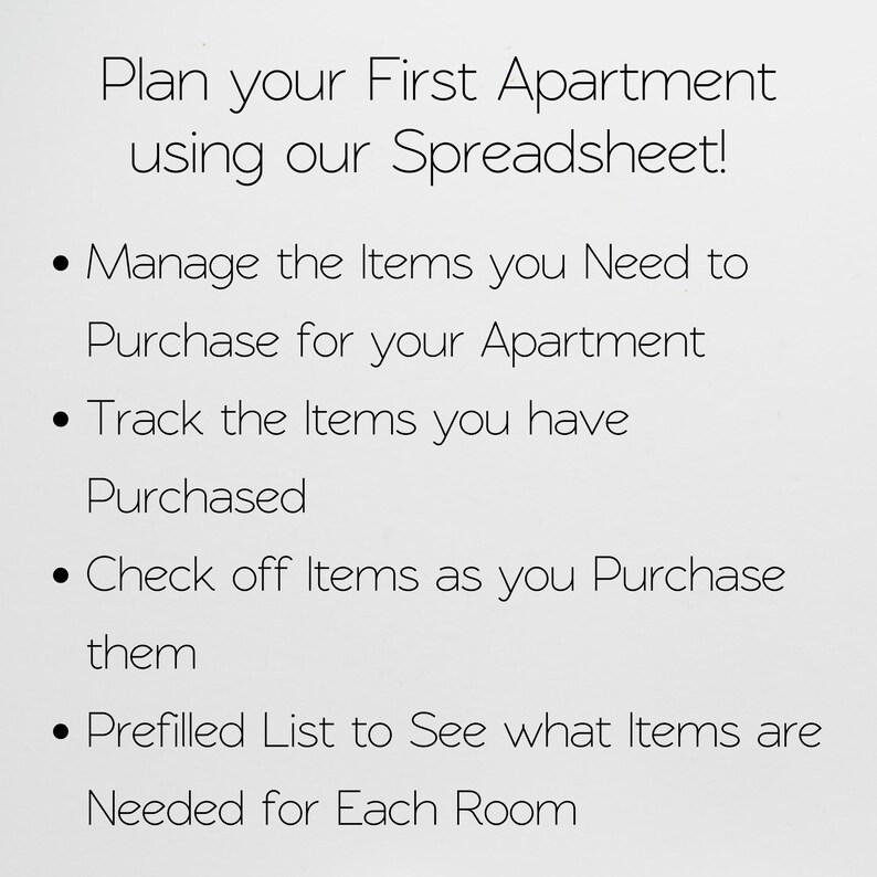 First Apartment Checklist Template Excel Spreadsheet, Our First Apartment Planner Google Sheets, Furniture Inventory, College Apartment List image 3