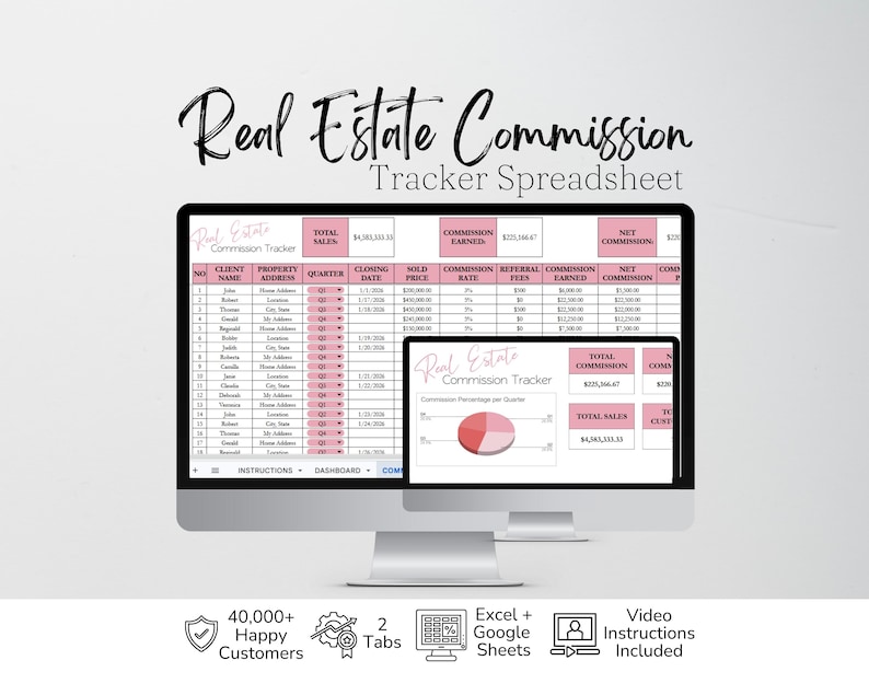 May include: A digital Real Estate Commission Tracker spreadsheet displayed on two computer monitors. The interface features pink headers, columns for client names, property addresses, closing dates, sold prices, and commission calculations.