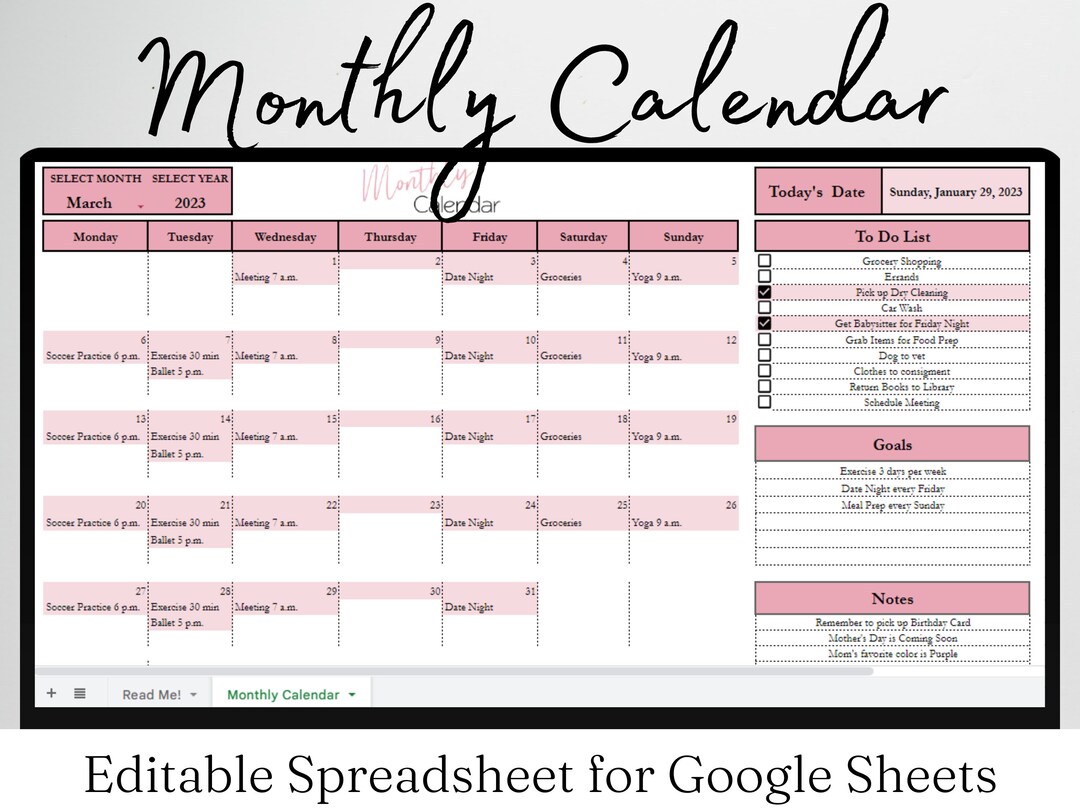 Monthly Calendar Google Sheet Monthly Calendar (Download Now) Etsy