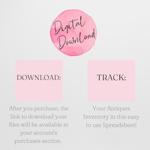 May include: A digital download graphic with a pink watercolor circle that says "Digital Download". Below are two pink rectangles with the words "DOWNLOAD:" and "TRACK:" in black text. The text below the rectangles explains how to download the files and track inventory.