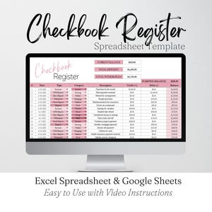 Checkbook Register Excel Spreadsheet, Digital Check Book Google Sheets Template, Spending Tracker, Bill