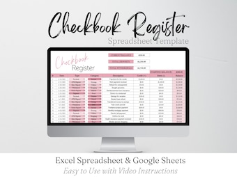 Checkbook Register Excel Spreadsheet, Digital Check Book Google Sheets Template, Spending Tracker, Bill