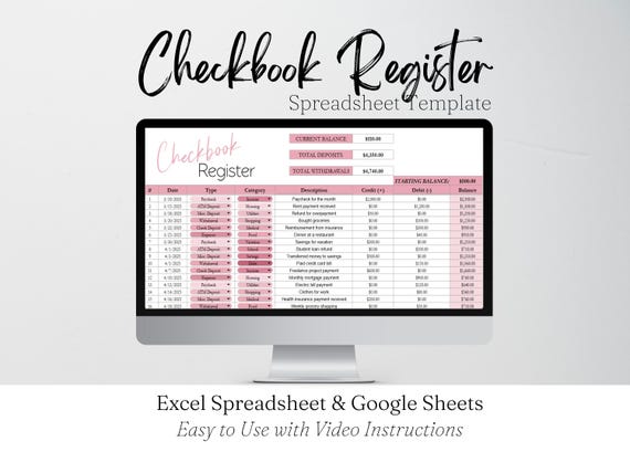 Checkbook Register Excel Spreadsheet, Digital Check Book Google Sheets Template, Spending Tracker, Bill