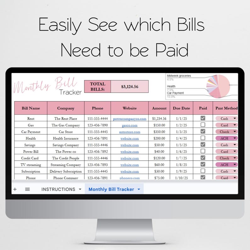 May include: A computer monitor displays a pink and white monthly bill tracker spreadsheet. The spreadsheet lists bill names, companies, amounts, due dates, and payment methods. The total bills amount to $3,124.56.