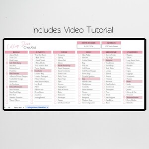 May include: A pink and white checklist for college dorm essentials. The checklist is divided into categories: Room, Linens, Desk, Misc, Hygiene, and Clothes. Each category has a list of items to pack, such as alarm clock, twin bed sheets, computer, mini fridge, shower caddy, and hangers.