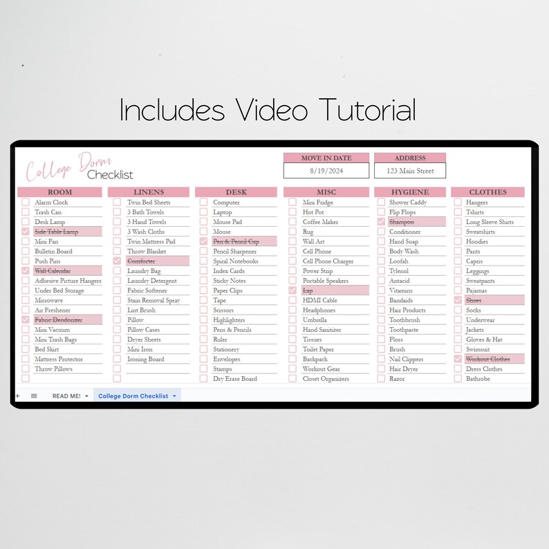 May include: A pink and white checklist for college dorm essentials. The checklist is divided into categories: Room, Linens, Desk, Misc, Hygiene, and Clothes. Each category has a list of items to pack, such as alarm clock, twin bed sheets, computer, mini fridge, shower caddy, and hangers.