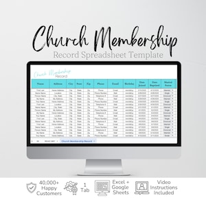 Church Membership Template Excel Spreadsheet, Church Directory List, Church Roster Template Log, Church Members Google Sheets