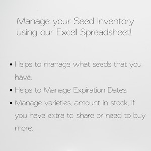 May include: A text-based image explaining how to manage a seed inventory using an Excel spreadsheet. The image lists the benefits of using the spreadsheet, including managing seed varieties, amounts in stock, and expiration dates.