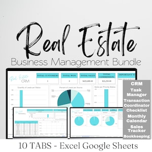 Real Estate Management Template Bundle, Transaction Checklist, Bookkeeping, Realtor Sales Tracker, Realtor CRM, Calendar, Excel Google CRM