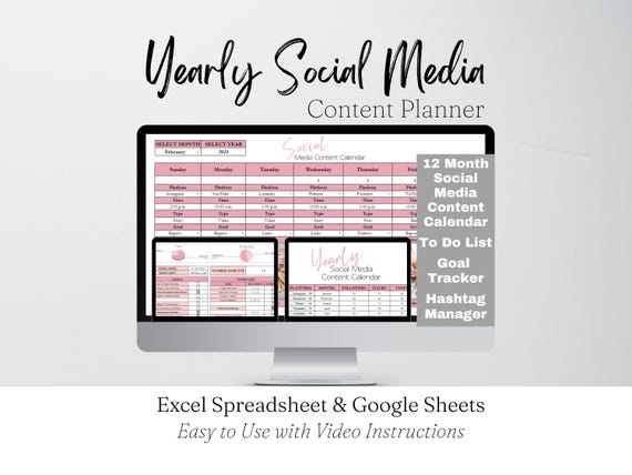 Yearly Social Media Planner, Social Media Content Calendar Template Social Media Manager Social Media Calendar Google Sheets Templates Posts