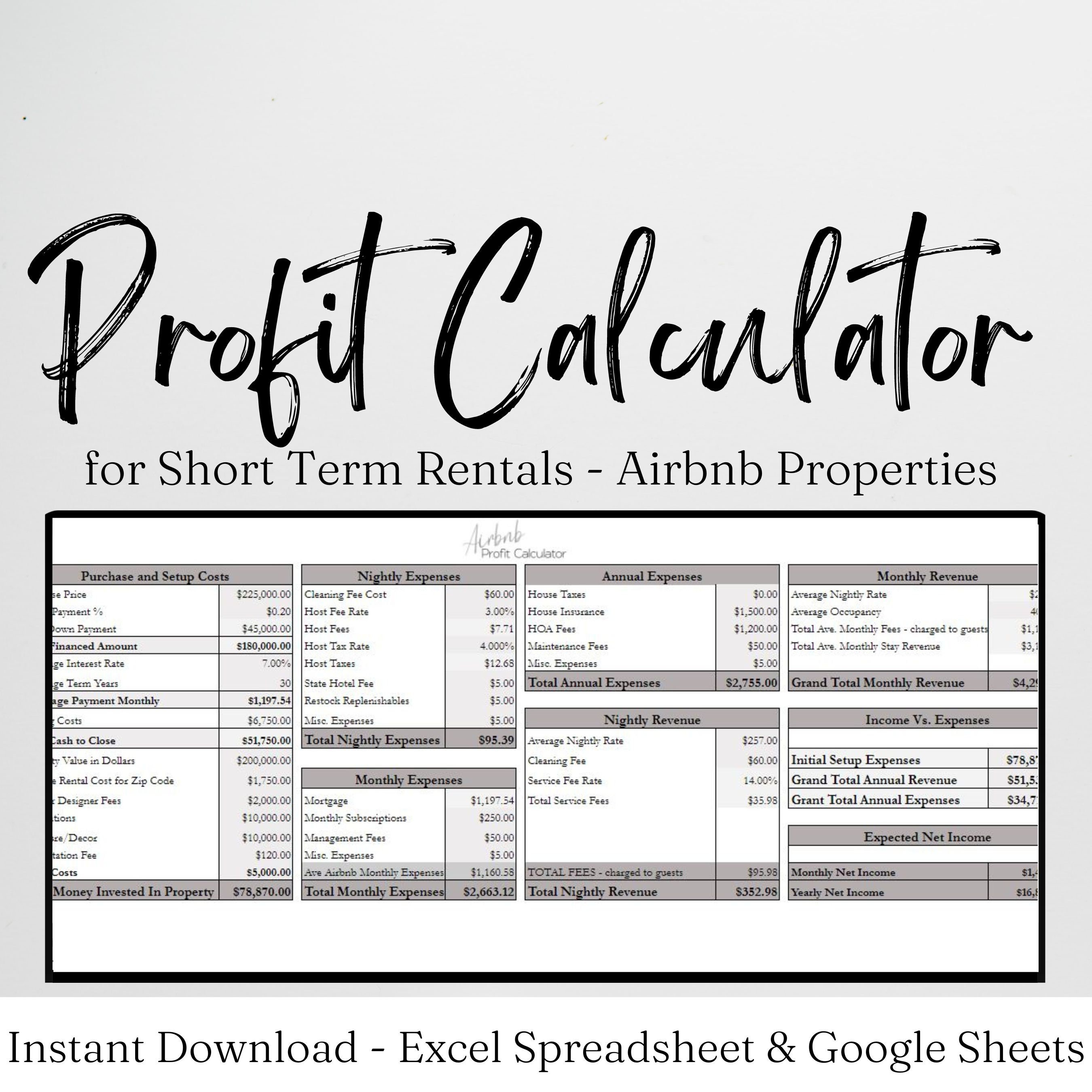 Rental Profit Calculator, Cost Benefit Analysis, Short Term Rental Property ROI Calculator, Cash Flow Excel Spreadsheet