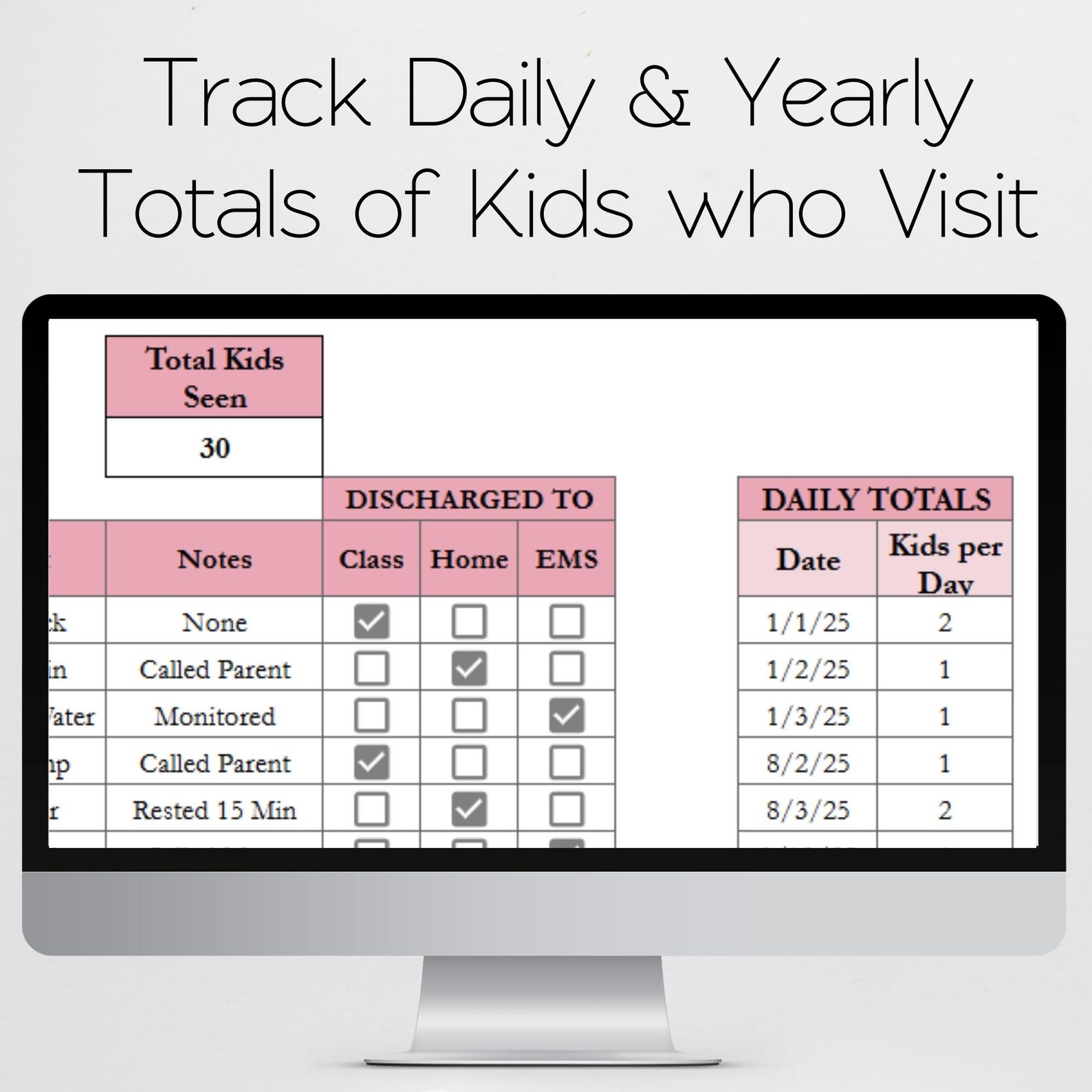 School Nurse Log Template, School Clinic Visit Log Google Sheets, Daily ...