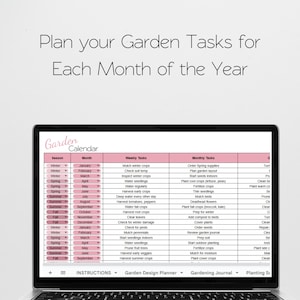 Puede incluir: Un calendario de jard&iacute;n rosa y blanco con una pantalla de computadora port&aacute;til que muestra un planificador de jard&iacute;n mensual con tareas para cada mes del a&ntilde;o. El calendario incluye tareas semanales y mensuales para la jardiner&iacute;a, como acolchar, regar, cosechar y plantar.