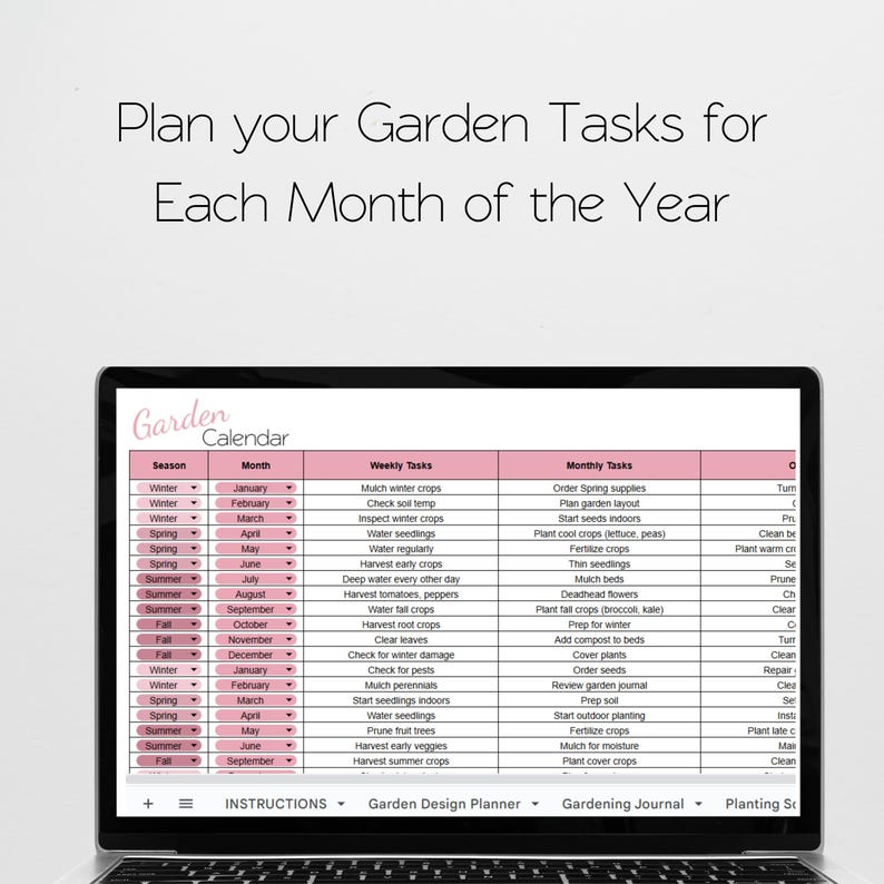 Puede incluir: Un calendario de jard&iacute;n rosa y blanco con una pantalla de computadora port&aacute;til que muestra un planificador de jard&iacute;n mensual con tareas para cada mes del a&ntilde;o. El calendario incluye tareas semanales y mensuales para la jardiner&iacute;a, como acolchar, regar, cosechar y plantar.
