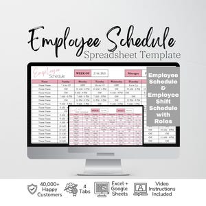 May include: A digital employee schedule spreadsheet template displayed on a computer monitor. The interface features pink and white rows for names, days of the week, and shift times. Text includes Employee Schedule, Spreadsheet Template, and Employee Schedule & Employee Shift Schedule with Roles.