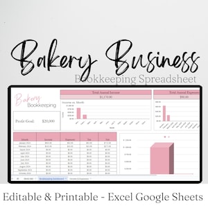 Bakery Business Bookkeeping Template, Bakery Business Income and Expenses Tracker Log, Bakery Business Excel Spreadsheet Google Sheets