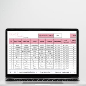 May include: A laptop computer screen displaying a spreadsheet with a plant harvest tracker. The spreadsheet includes columns for plant name, plant type, variety, source, location, date planted, date harvested, and number of plants planted. The spreadsheet is titled "Plant Harvest Tracker".