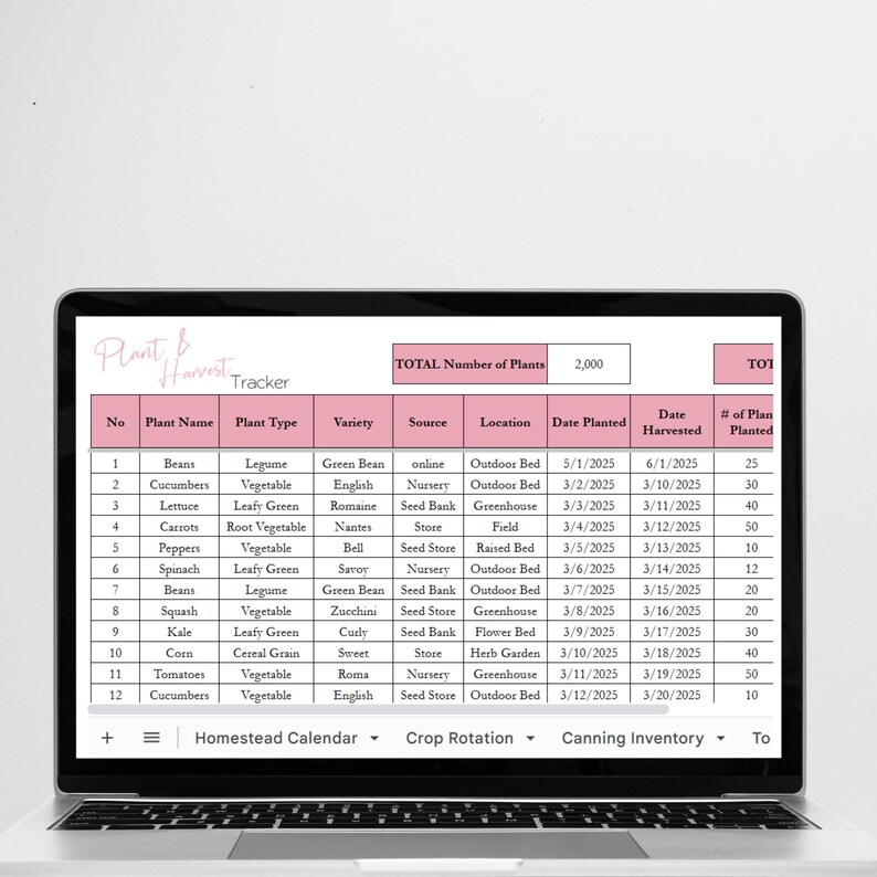 May include: A laptop computer screen displaying a spreadsheet with a plant harvest tracker. The spreadsheet includes columns for plant name, plant type, variety, source, location, date planted, date harvested, and number of plants planted. The spreadsheet is titled "Plant Harvest Tracker".