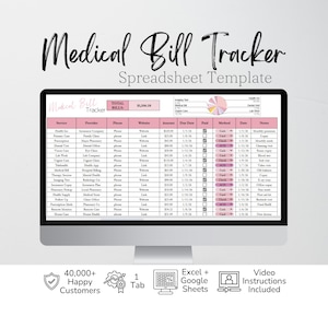 Puede incluir: Un monitor de computadora muestra una hoja de cálculo titulada "Medical Bill Tracker". La plantilla de hoja de cálculo incluye columnas para servicio, proveedor, teléfono, sitio web, fecha de vencimiento, pagado, método, fecha y notas. También se incluye el texto "Spreadsheet Template".