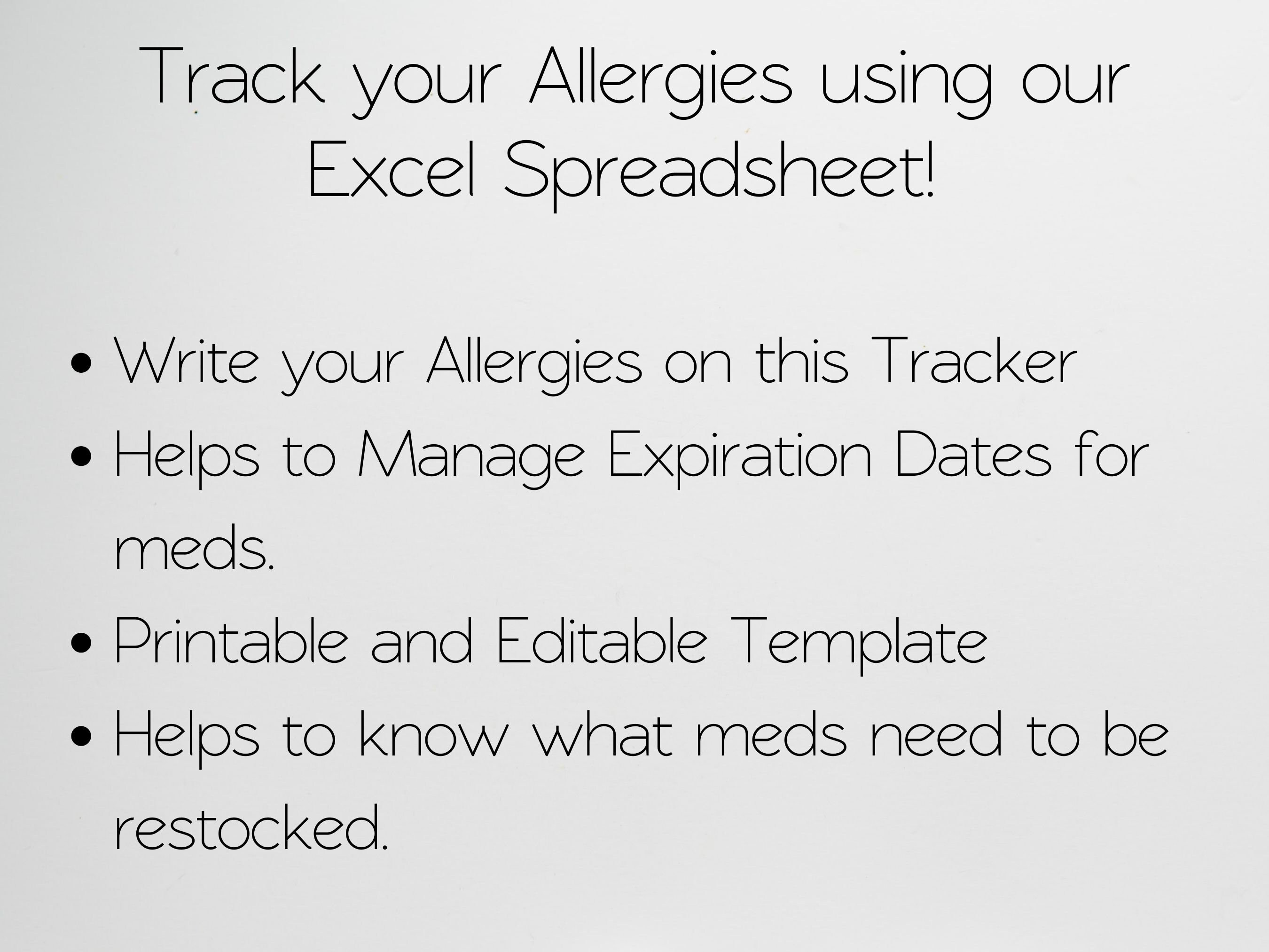 Allergy Tracker Template Excel Spreadsheet Allergy List Etsy