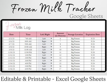 Frozen Milk Log, Breast Pumping Tracker Google Sheets, Breast Milk Inventory Log, Excel Spreadsheet Exclusive Pumping Mom Postpartum Planner