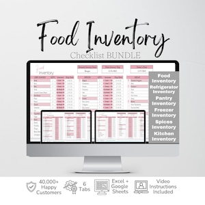 May include: A digital Food Inventory Checklist Bundle displayed on a computer monitor, featuring pink and white spreadsheet templates for tracking dry goods, spices, and meat. The screen shows columns for quantity, amount, and expiration dates.