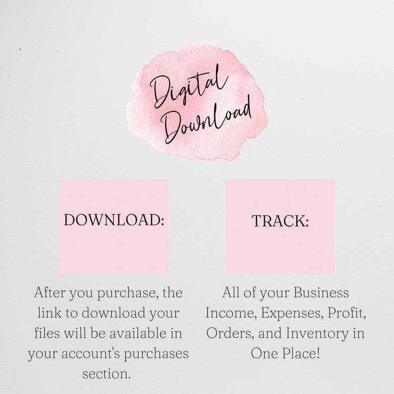 Op de afbeelding: Een roze en witte afbeelding met de tekst "Digitaal Downloaden" in zwarte cursieve letters. De afbeelding is omgeven door een roze, aquarelachtige achtergrond. Onder de afbeelding staan twee roze vierkanten met de tekst "DOWNLOADEN:" en "TRACKEN:" in zwarte letters. De tekst onder de vierkanten beschrijft de download- en trackingfuncties van een digitaal product.