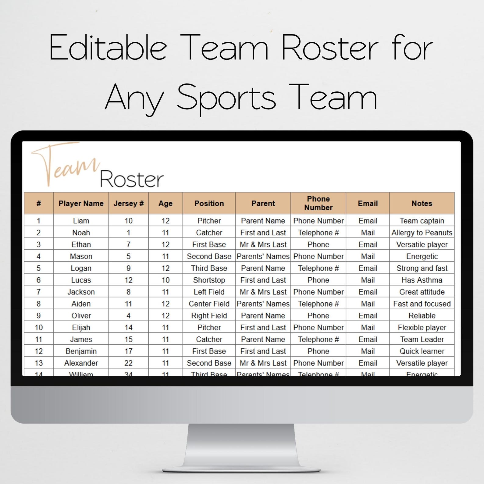 Team Roster Template Google Sheets, Youth Sports Team Template Google ...