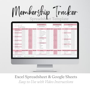 May include: A computer monitor displays a pink and white spreadsheet titled "Membership Tracker Spreadsheet Template." The spreadsheet is for "Makeup Inventory" and includes sections for skincare, face, eyes, lips, tools, and miscellaneous items. The text "Excel Spreadsheet & Google Sheets" is below the monitor.