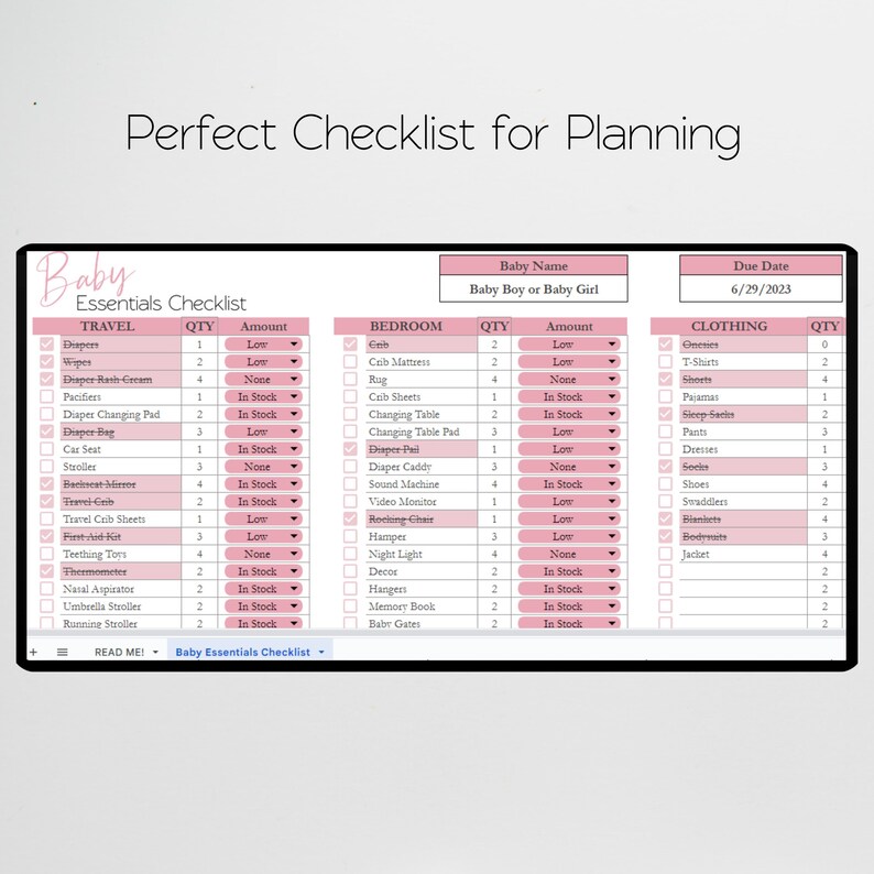 May include: A pink checklist for planning a baby's arrival. The checklist is divided into three sections: Travel, Bedroom, and Clothing. Each section lists essential items with a quantity and amount column. The checklist includes items such as diapers, wipes, a crib, a changing table, and clothes.