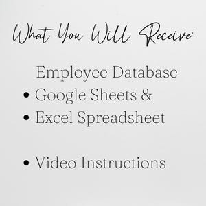 Pode incluir: Um fundo branco com texto preto que diz "O que voc&ecirc; receber&aacute;". Abaixo, lista "Banco de Dados de Funcion&aacute;rios", "Google Sheets & Excel Spreadsheet" e "Instru&ccedil;&otilde;es em V&iacute;deo".