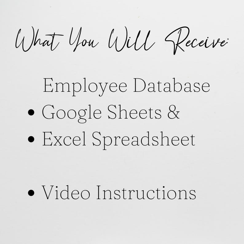 Pode incluir: Um fundo branco com texto preto que diz "O que voc&ecirc; receber&aacute;". Abaixo, lista "Banco de Dados de Funcion&aacute;rios", "Google Sheets & Excel Spreadsheet" e "Instru&ccedil;&otilde;es em V&iacute;deo".