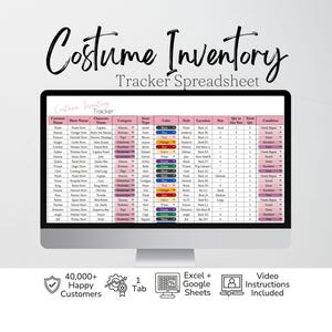 May include: A computer monitor shows a spreadsheet labelled "Costume Inventory Tracker Spreadsheet." The screen displays a table with costume details. Text at the bottom reads "40,000+ Happy Customers," "Excel + Google Sheets," and "Video Instructions Included."