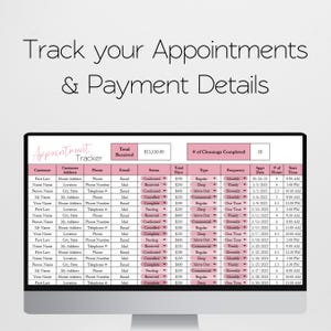 May include: A computer monitor displays an appointment tracker with customer details, appointment dates, and payment information. The screen shows a pink and white spreadsheet with the text "Track your Appointments & Payment Details."