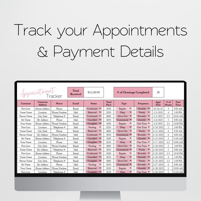 May include: A computer monitor displays an appointment tracker with customer details, appointment dates, and payment information. The screen shows a pink and white spreadsheet with the text "Track your Appointments & Payment Details."