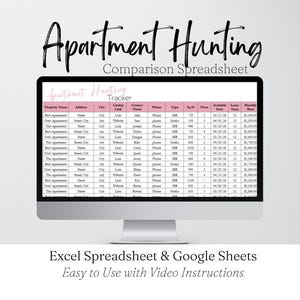 May include: A computer monitor displays a spreadsheet titled "Apartment Hunting Tracker." The spreadsheet is pink and white, with columns for property name, address, and rent. The text "Apartment Hunting Comparison Spreadsheet" is at the top. Below, the text reads "Excel Spreadsheet & Google Sheets Easy to Use with Video Instructions."