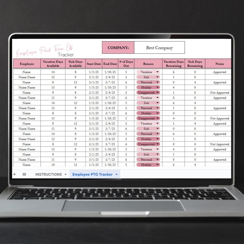 May include: A laptop displaying an employee paid time off (PTO) tracker spreadsheet. The spreadsheet includes columns for employee names, vacation and sick days, start and end dates, and reasons for time off. The company name is "Best Company".