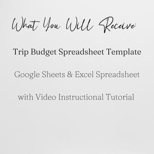 K&ouml;nnte beinhalten: Text auf wei&szlig;em Hintergrund: "What You Will Receive", gefolgt von "Trip Budget Spreadsheet Template", "Google Sheets & Excel Spreadsheet" und "with Video Instructional Tutorial".