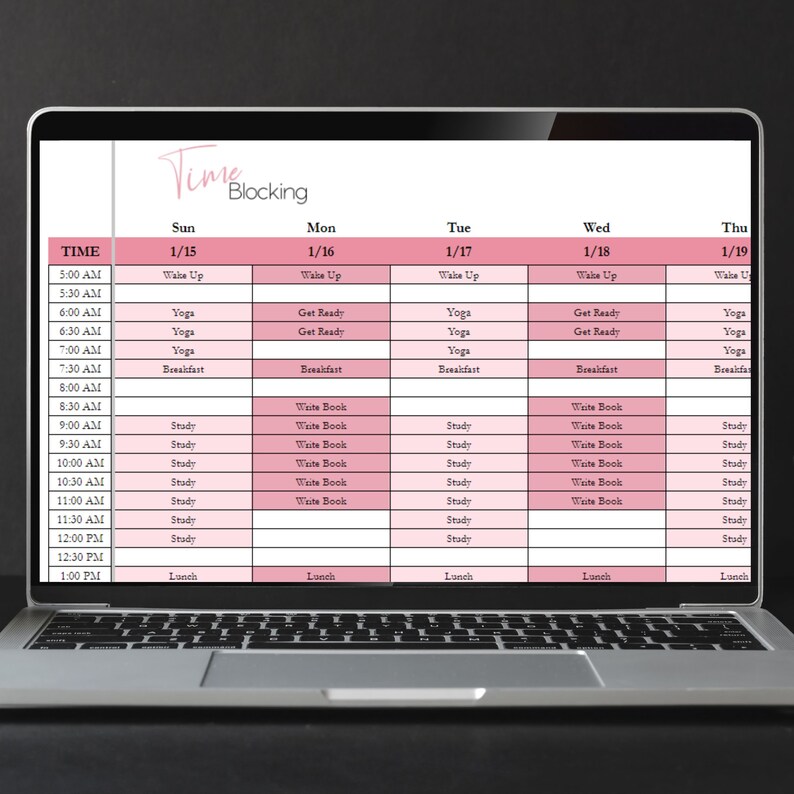 May include: A laptop computer screen displaying a weekly time blocking schedule with a pink and white colour scheme. The schedule is divided into days of the week, with each day having a list of activities and times. The days of the week are Sun, Mon, Tue, Wed, and Thu. The times are 5:00 AM, 5:30 AM, 6:00 AM, 6:30 AM, 7:00 AM, 7:30 AM, 8:00 AM, 8:30 AM, 9:00 AM, 9:30 AM, 10:00 AM, 10:30 AM, 11:00 AM, 11:30 AM, 12:00 PM, 12:30 PM, and 1:00 PM. The activities include Wake Up, Yoga, Get Ready, Breakfast, Study, Write Book, and Lunch.