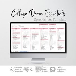 May include: A computer monitor displaying a College Dorm Essentials Spreadsheet Template. The digital checklist features columns for room, linens, desk, misc, hygiene, and clothes, with pink headers and checkboxes. Text includes 40,000+ Happy Customers.