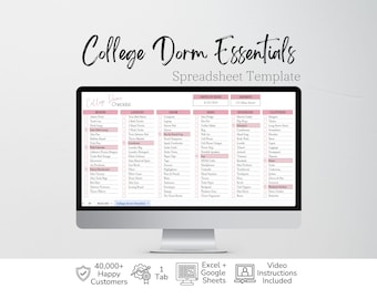 College Dorm Room Essentials Checklist Template Google Sheets, Dorm Checklist, Dorm Essentials Packing Checklist, College Supplies Apartment