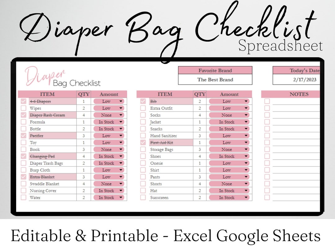 Diaper Bag Checklist, Baby Diaper Bag Essentials List Google Sheets