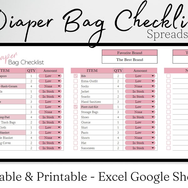 Diaper Bag Checklist, Baby Diaper Bag Essentials List Google Sheets, Infant Necessities, Digital Log, Printable Template, Newborn New Mom