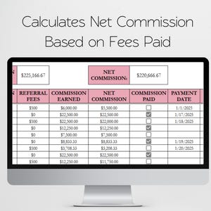 May include: A computer screen shows a financial table titled "Calculates Net Commission Based on Fees Paid." The table includes columns for referral fees, commission earned, net commission, commission paid, and payment date. The net commission is &pound;174,888.88.