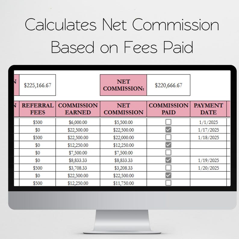 May include: A computer screen shows a financial table titled "Calculates Net Commission Based on Fees Paid." The table includes columns for referral fees, commission earned, net commission, commission paid, and payment date. The net commission is &pound;174,888.88.
