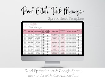 Real Estate Excel, Real Estate Templates, Realtor Template, Task Management Google Sheets, Task Manager Spreadsheet Task Tracker Excel Sheet